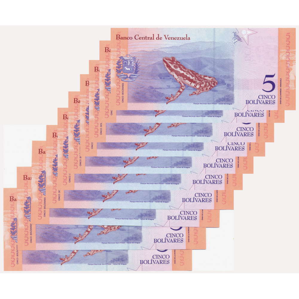 10 Billetes 5 Bolívares 2018 A8 Escalera de Capicúas A08400480 al  A08499480  - Numisfila