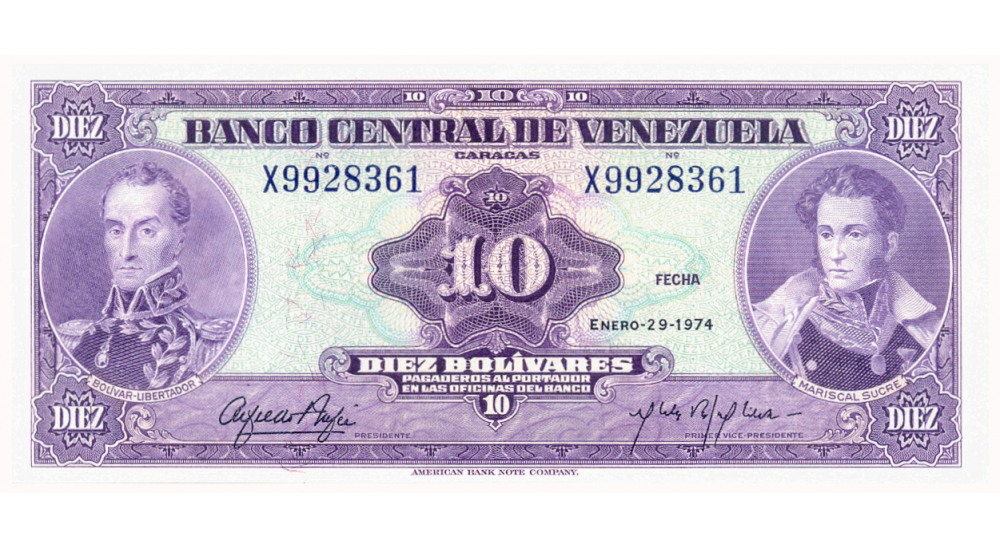 Billete 10 Bolívares 1974 X7 Serial X9928361 - Numisfila