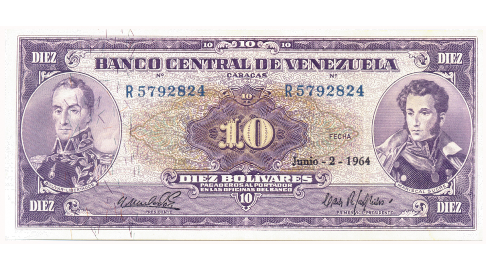 Billete 10 Bolívares 1964 R7 Serial R5792824 - Numisfila