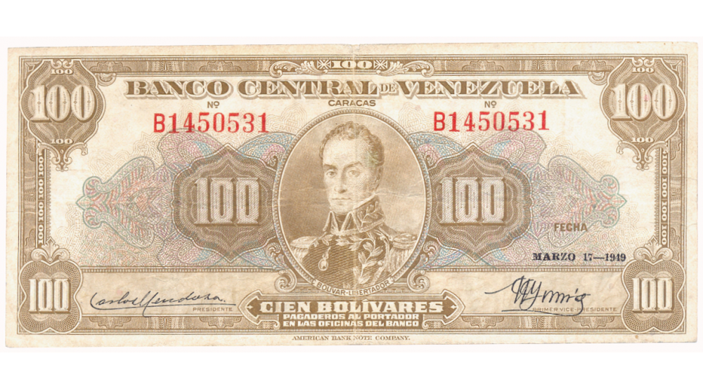Billete 100 Bolívares Marzo 1949 Serial B1450531 - Numisfila