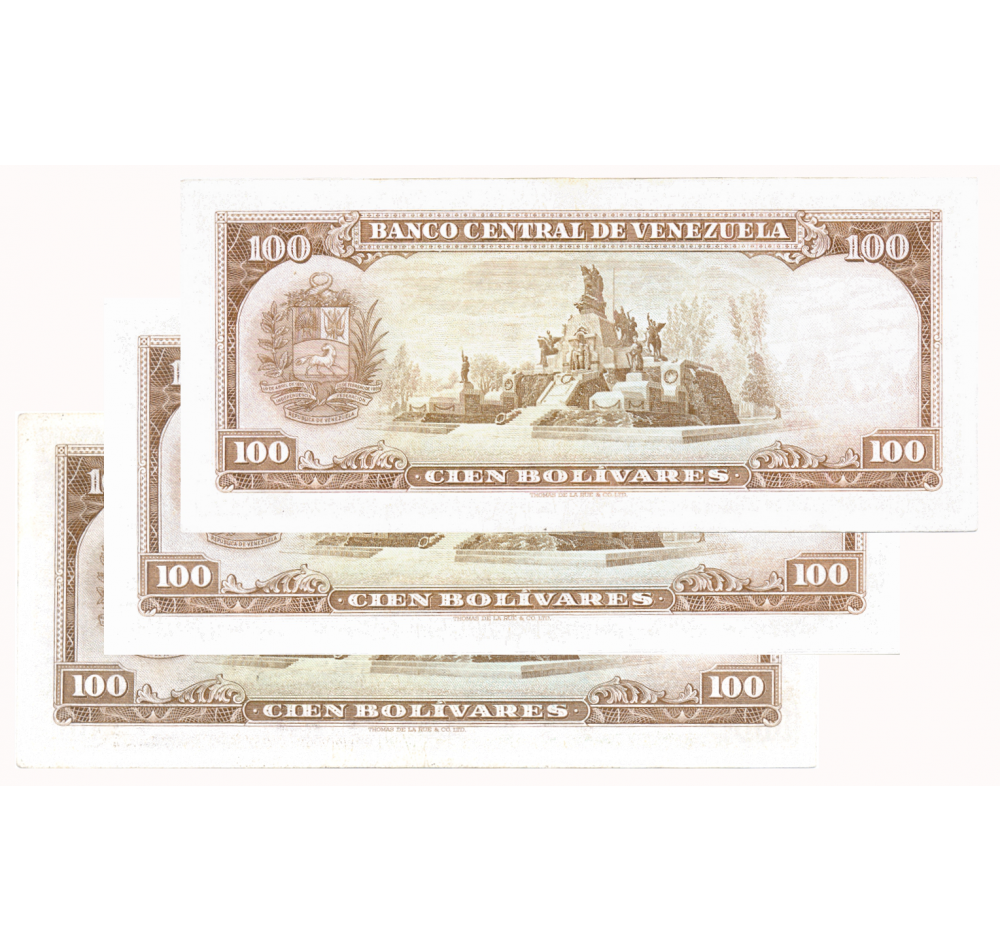 Trío Billetes 100 Bolívares 1967 S7 Consecutivos S0980136, S0980137 y S0980138   - Numisfila