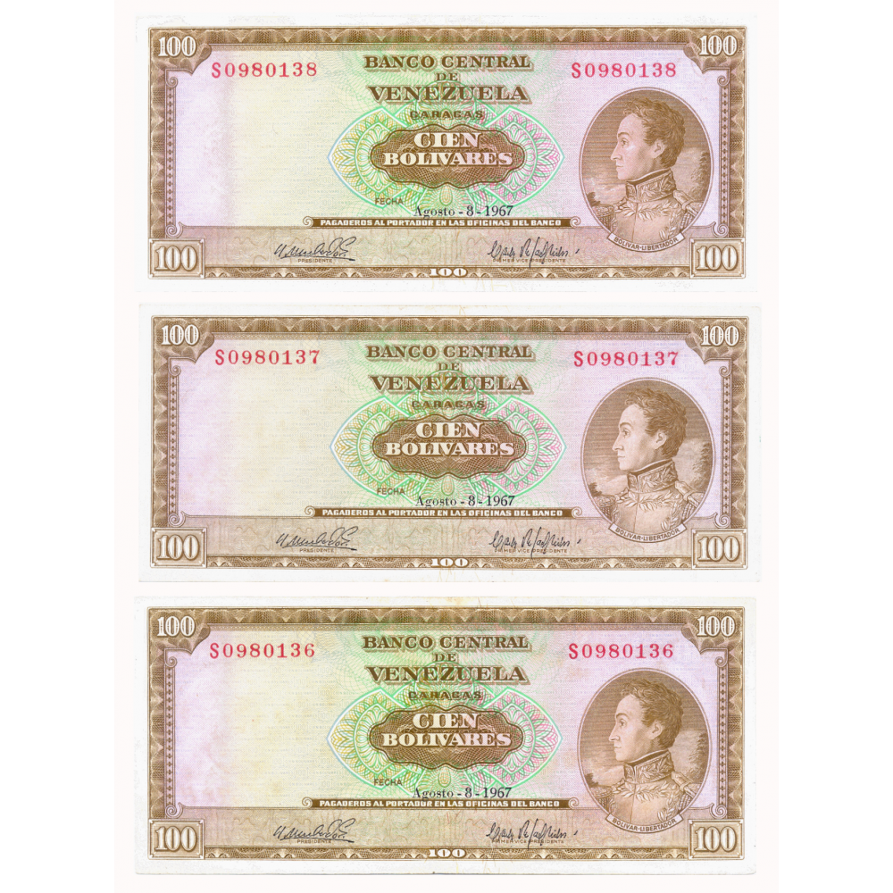 Trío Billetes 100 Bolívares 1967 S7 Consecutivos S0980136, S0980137 y S0980138   - Numisfila
