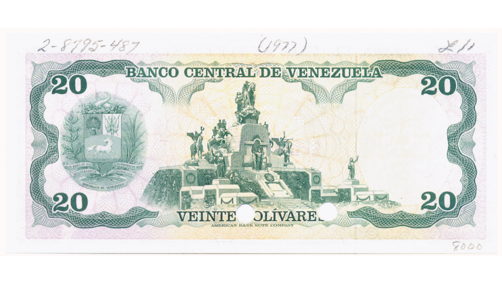 SPECIMEN Billete 20 Bolívares 1977 Serial 0000000   - Numisfila