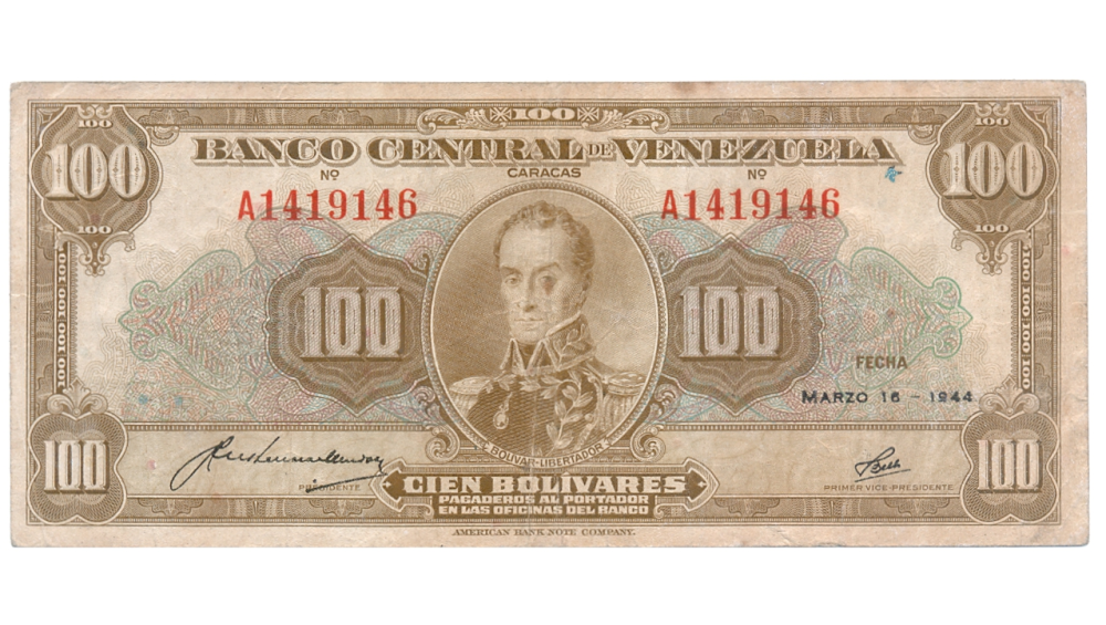 Billete 100 Bolívares Marzo 1944 Serial A1419146 - Numisfila