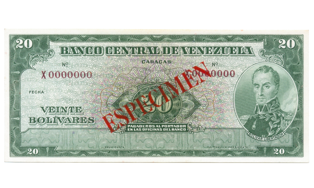 Billete Especimen Sin Valor 20 Bolívares 1960/1966 X0000000 - Numisfila