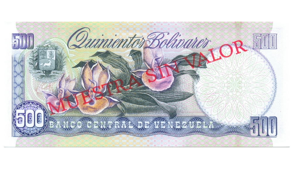 Billete Muestra Sin Valor 500 Bolívares 1989 Serial E8 Orquídea  - Numisfila