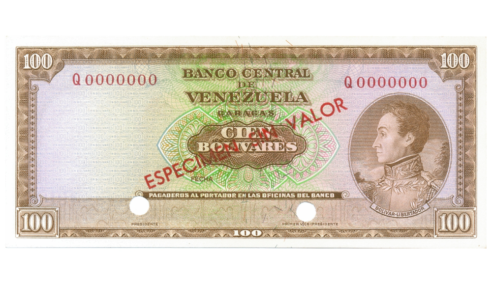 Billete Especimen Sin Valor 100 Bolívares 1963/73 - Numisfila