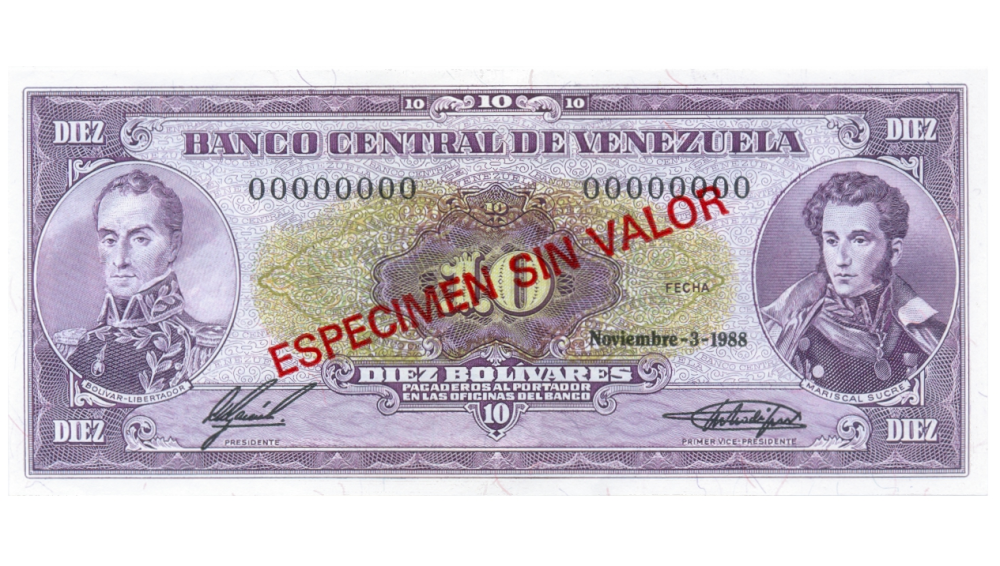 Billete Espécimen Sin Valor 10 Bolívares 1988  - Numisfila