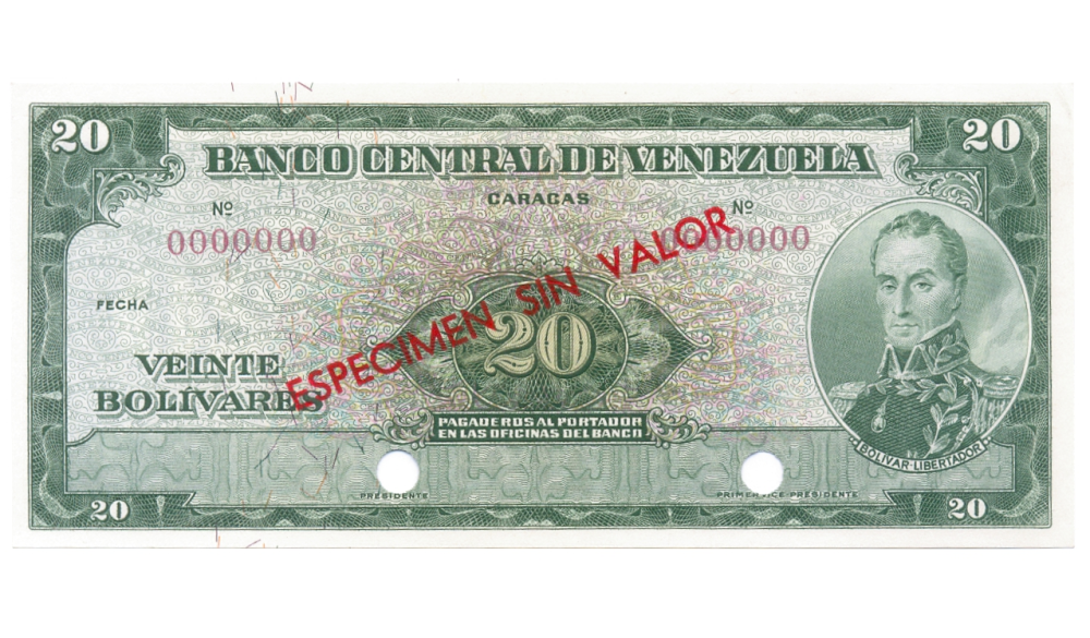 Billete Especimen Sin Valor 20 Bolívares 1960/1966  - Numisfila