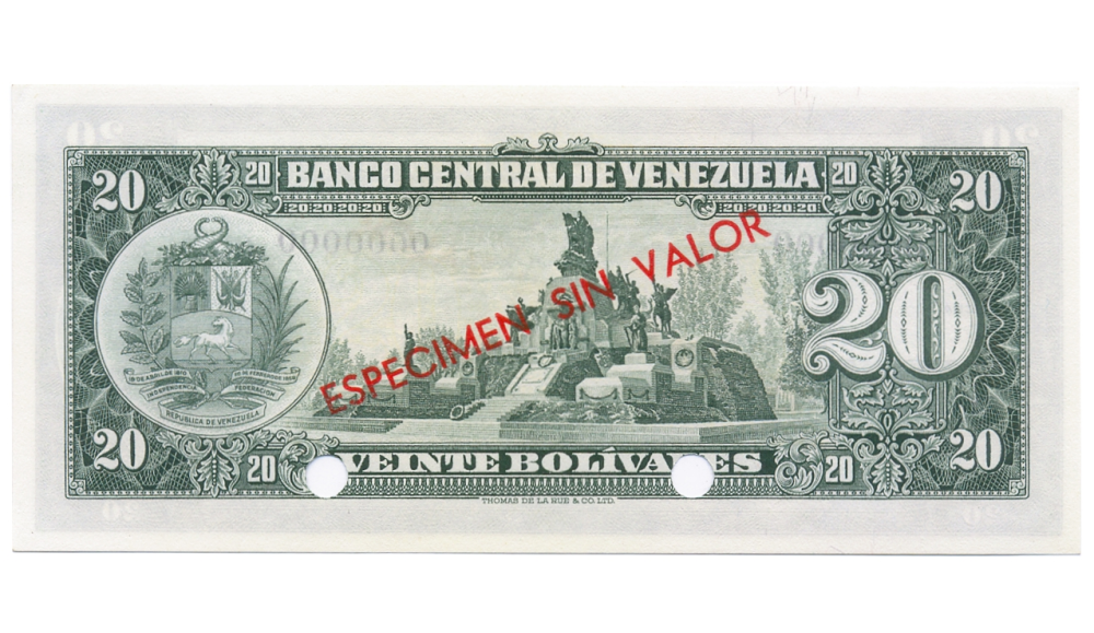 Billete Especimen Sin Valor 20 Bolívares 1960/1966   - Numisfila