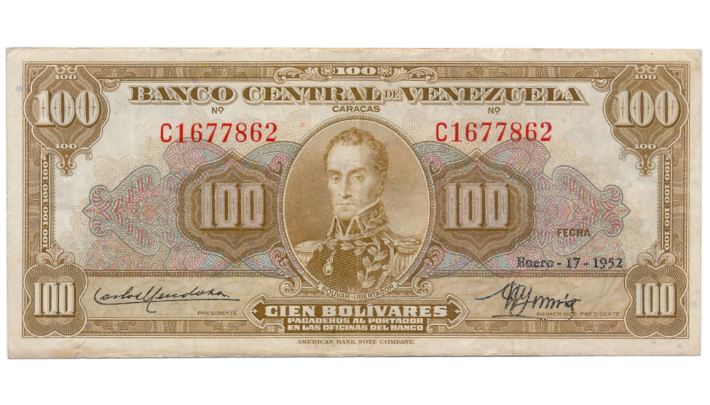Billete 100 Bolívares Enero 1952 B7 Serial B2803803 - Numisfila