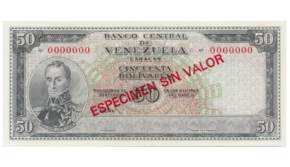 Billete Especimen Sin Valor 50 Bolívares 1964/72 Letras Grandes - Numisfila
