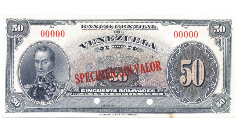 Billete Specimen Sin Valor 50 Bs 1940-53  - Numisfila