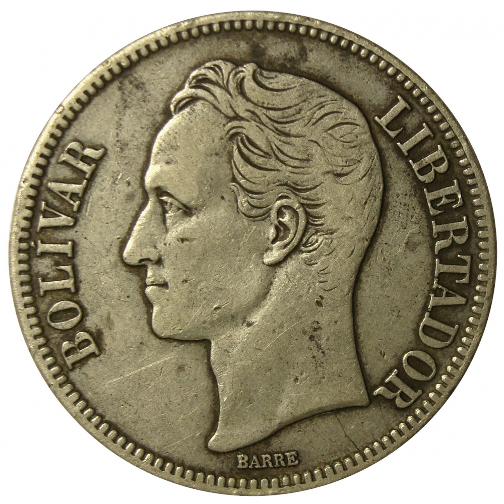 Moneda Plata 5 Bolívares Fuerte 1929 1er "9" Bajo  - Numisfila