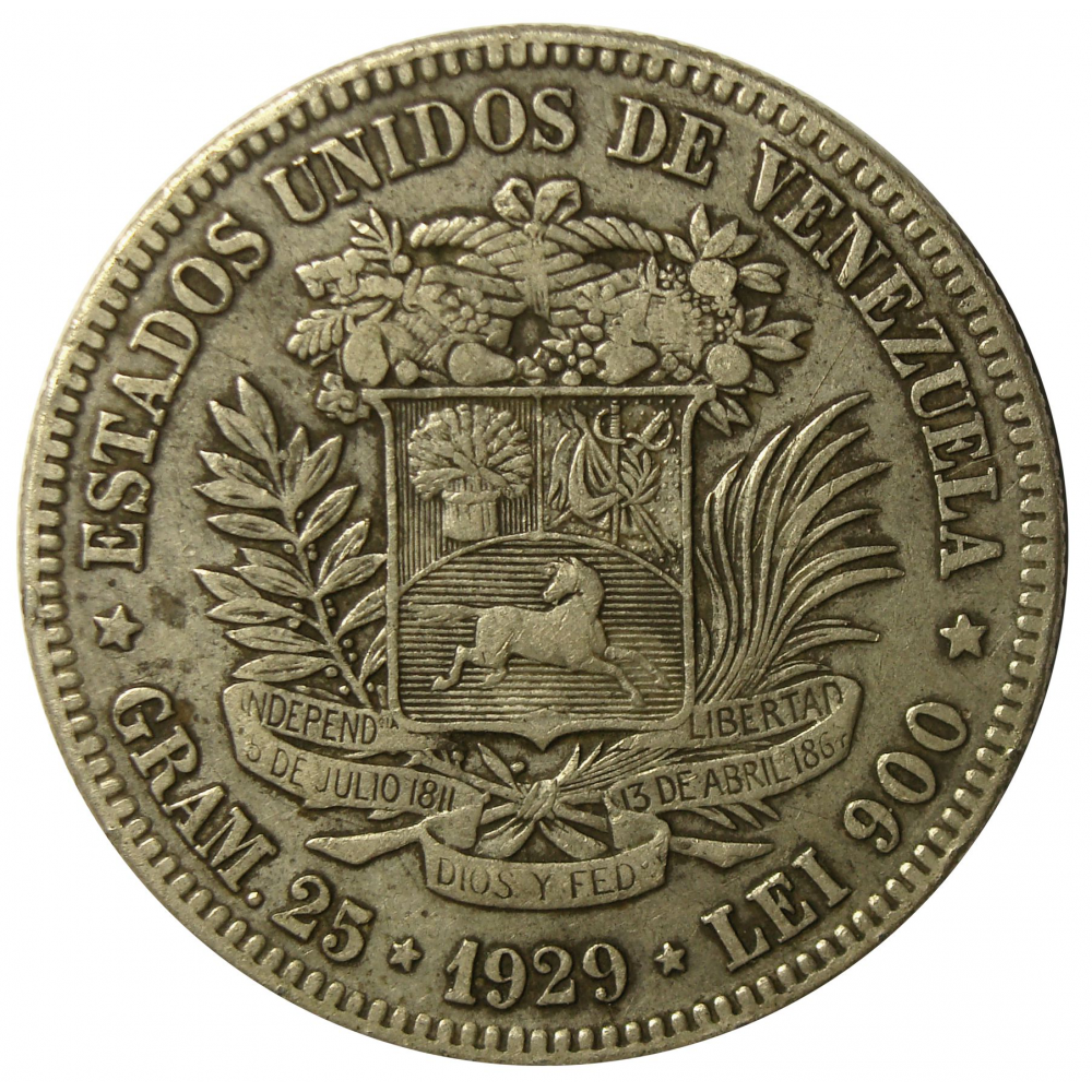 Moneda Plata 5 Bolívares Fuerte 1929 1er "9" Bajo - Numisfila