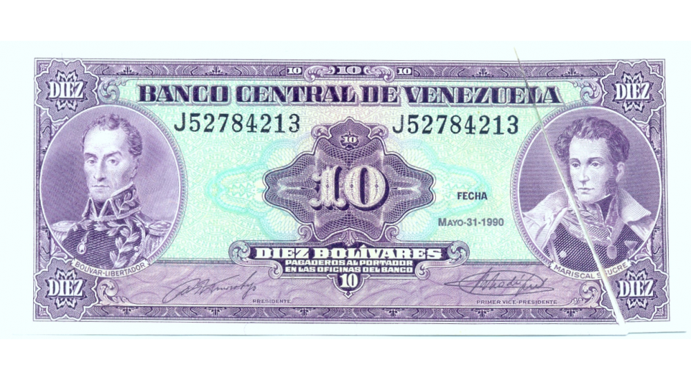 Error Billete 10 Bs 1990 Falla Pliego Papel - Numisfila