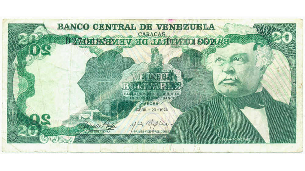 Error Billete 20 Bs 1974 Falla Tinta Reverso En Anverso - Numisfila