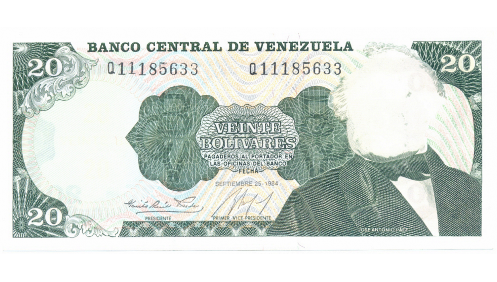 Error Billete 20 Bolivares 1984 Falla Tinta Anverso - Numisfila
