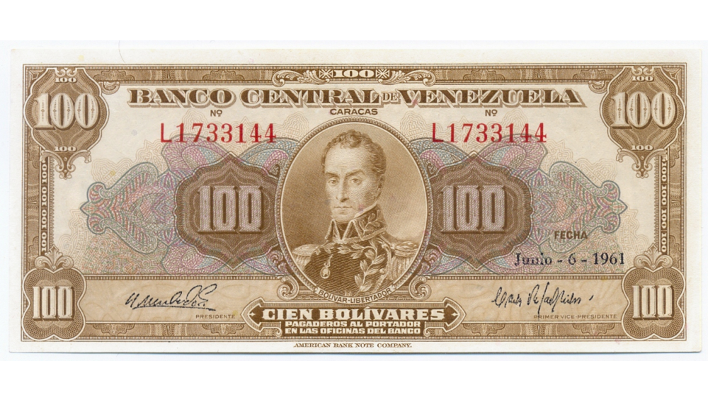 Billete 100 Bolívares 1961 L7 Serial L1733144 - Numisfila