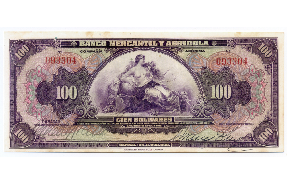 Billete 100 Bolívares Bco Mercantil y Agrícola Remainder - Numisfila