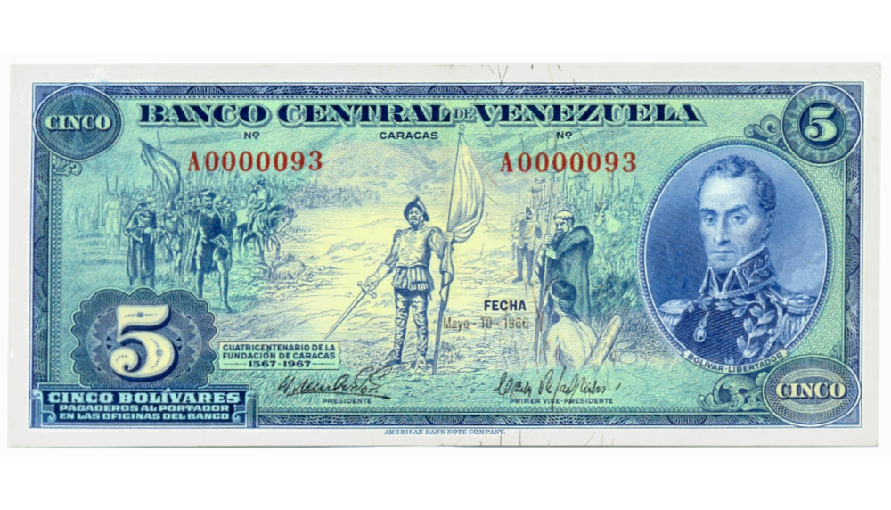 Billete Serial bajo 5 Bolívares 1966 Serial A0000093 - Dieguito - Numisfila