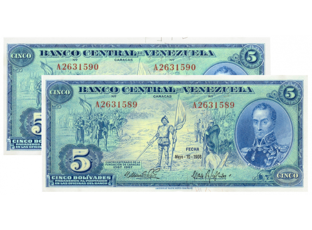 Billetes 5 Bolivares 1966 Seriales A2631589 y A2631590 Consecutivos - Numisfila