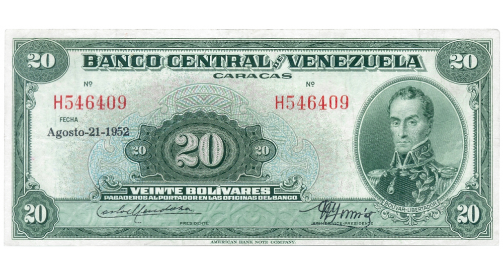 Billete 20 Bolivares Agosto 1952 H6 Serial H546409 - Numisfila