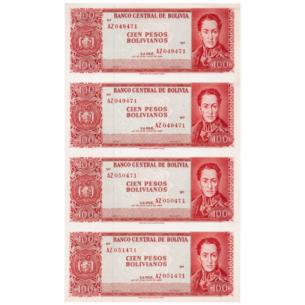 Bolivia Pliego 4 Billetes 100 Bolivianos 1962 Simón Bolívar - Numisfila