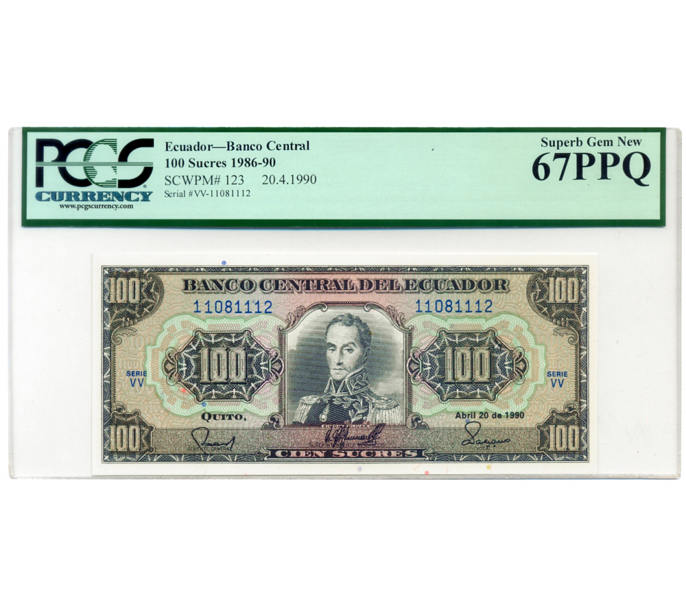 Billete Ecuador 100 Sucres 1990 PCGS 67PPQ Serie VV Serial 11081112 - Numisfila