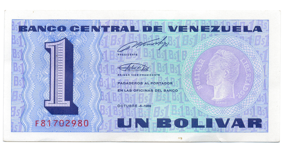 Billete 1 Bolívar - Tinoquito 1989 Difícil F8 Serial F81702980  - Numisfila