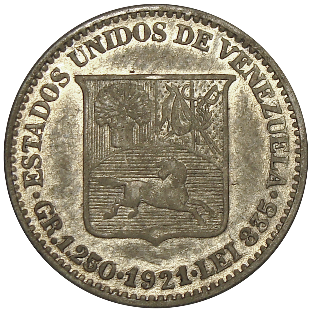 Moneda de Plata 25 Céntimos 1921   ¼ de Bolivar - Medio   - Numisfila