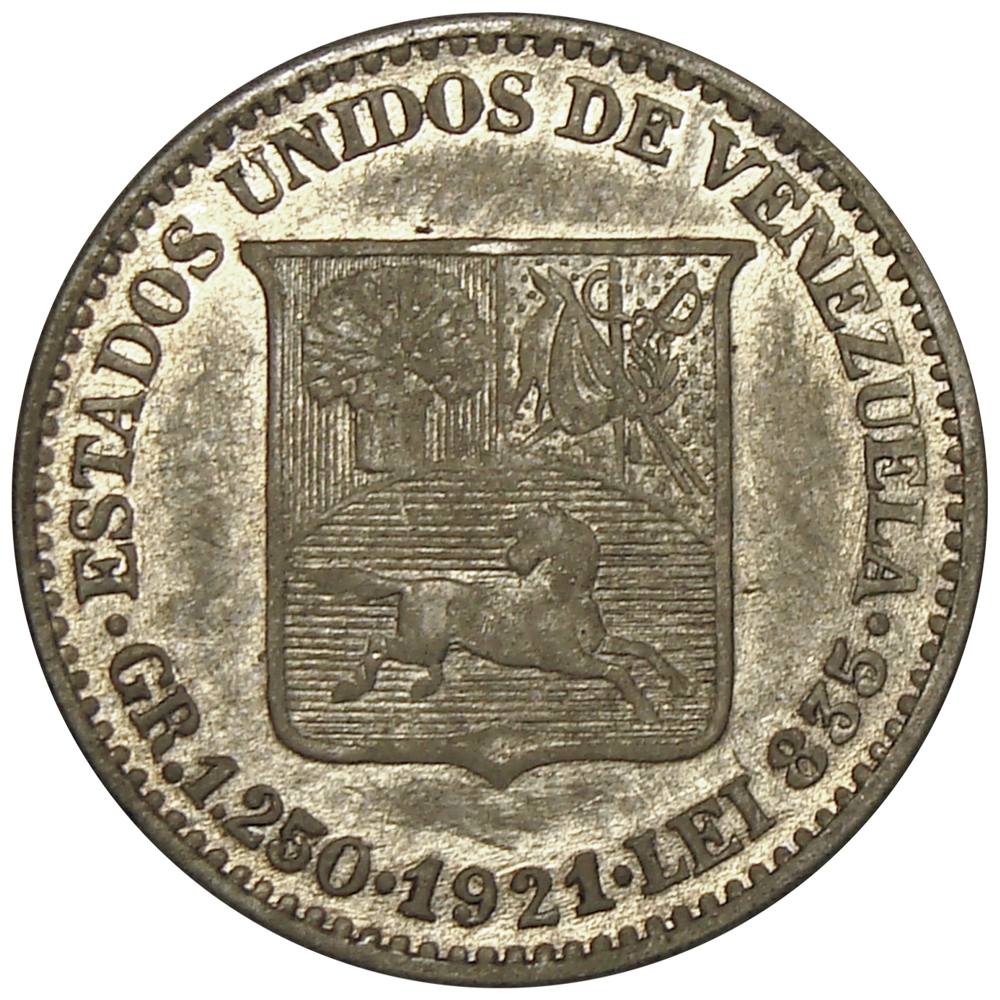 Moneda de Plata 25 Céntimos 1921   ¼ de Bolivar - Medio  - Numisfila