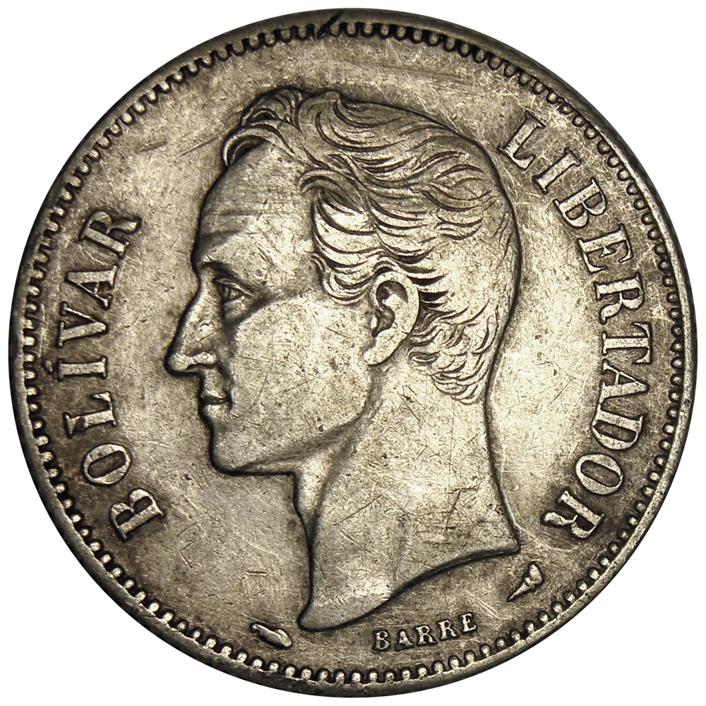 Difícil Moneda de Plata 2 Bolívares 1913 Fecha Normal  - Numisfila