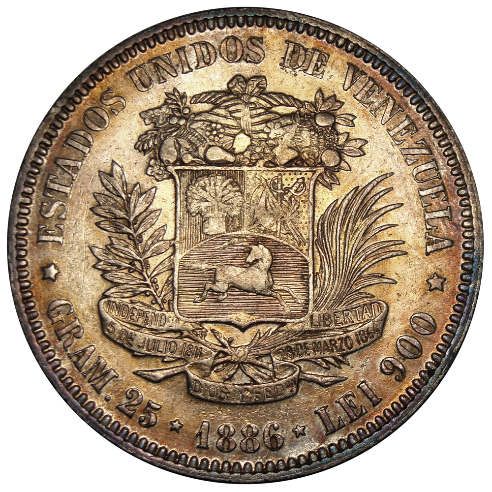 Fuerte Moneda de Plata 5 Bolivares 1886 Fecha Normal  - Numisfila