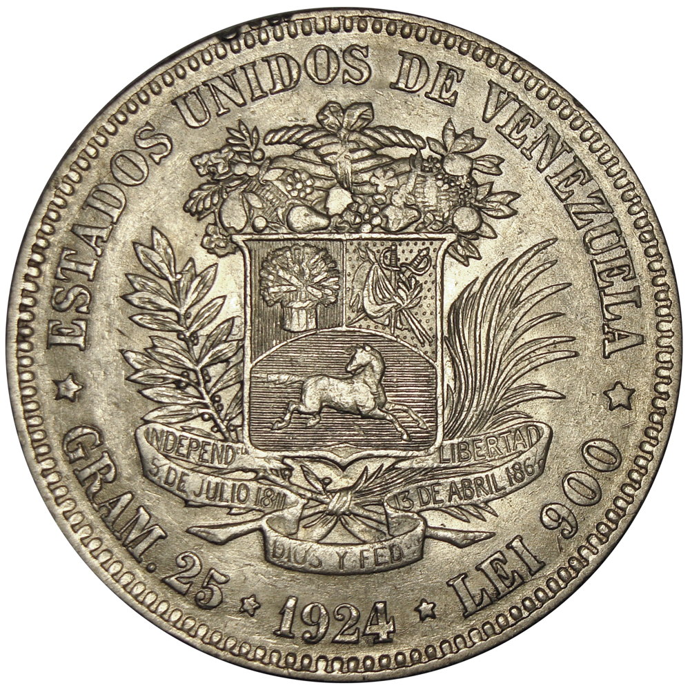 Excelente Moneda 5 Bolívares 1924 Variante 9 Bajo  - Numisfila