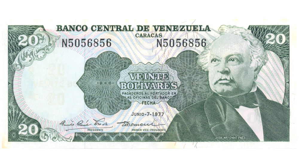 Billete 20 Bolívares 1977 N7 Serial N5056856 - Numisfila