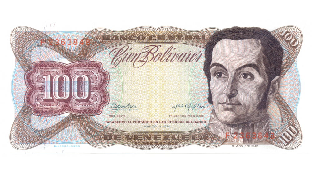 Billete 100 Bolívares 1974 F7 Serial F2363848 - Numisfila