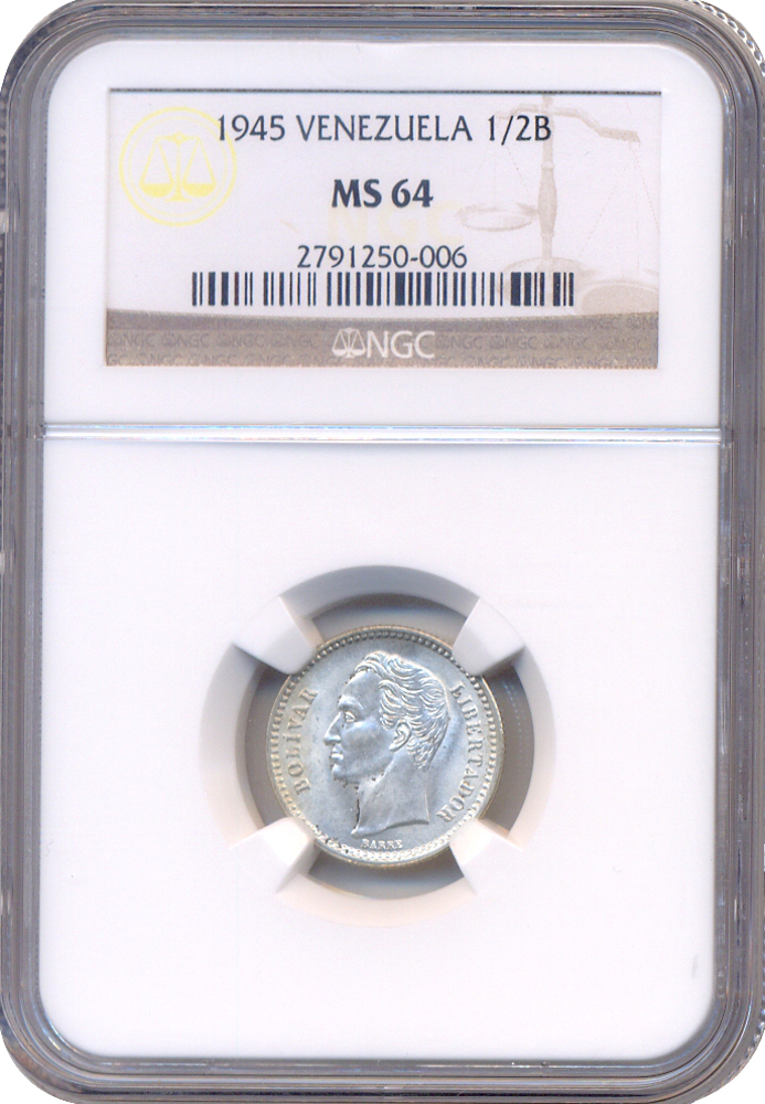 Moneda 50 Céntimos 1945 Cápsula NGC MS 64  ½ Bolívar - Real de Plata - Numisfila