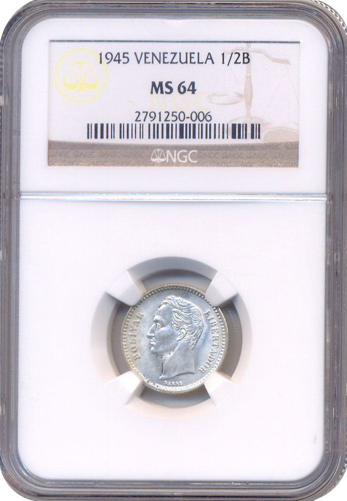 Moneda 50 Céntimos 1945 Cápsula NGC MS 64  ½ Bolívar - Real de Plata  - Numisfila