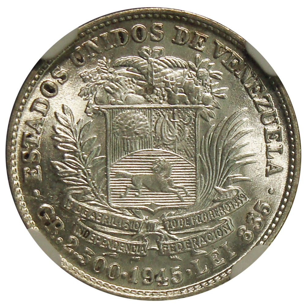 Moneda 50 Céntimos 1945 Cápsula NGC MS 64  ½ Bolívar - Real de Plata  - Numisfila