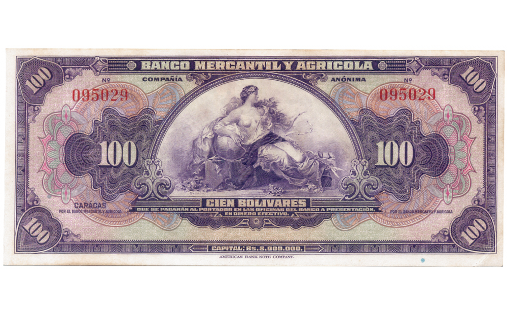 Billete Banca Privada 100 Bolívares Banco Mercantil y Agrícola Remainder - Numisfila