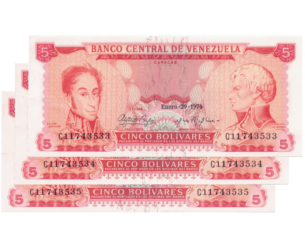 Trío Billetes 5 Bolívares 1974 C8 Seriales C11743533 al C11743535  - Numisfila