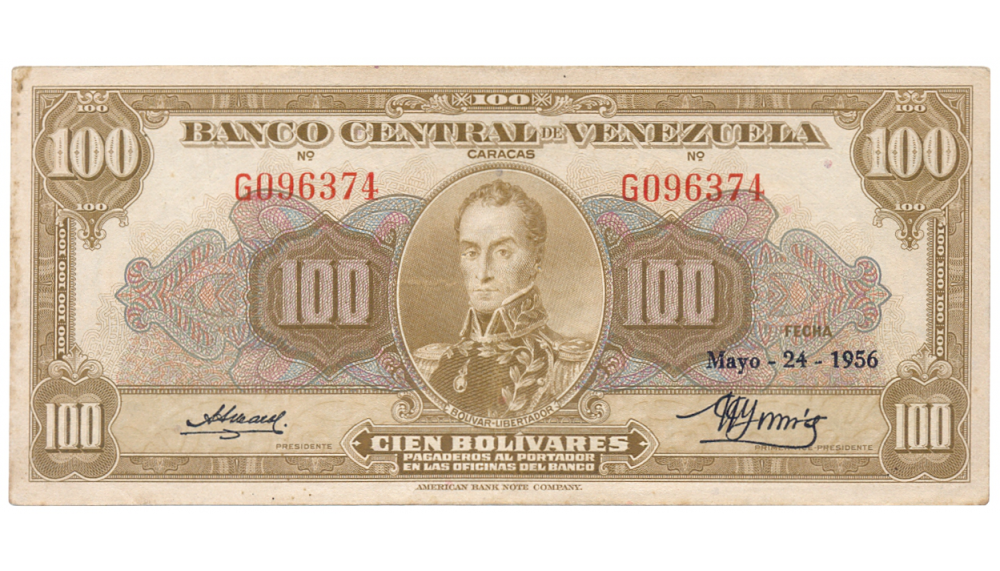 Billete 100 Bolívares Mayo 1956 G6 Serial G096374 - Numisfila