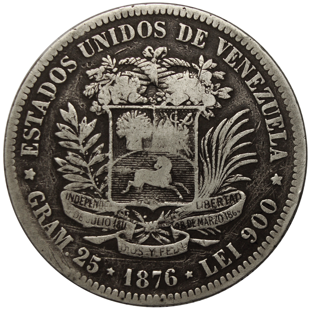 Venezolano 1876 - Popularmente 1er Fuerte Moneda de Plata   - Numisfila