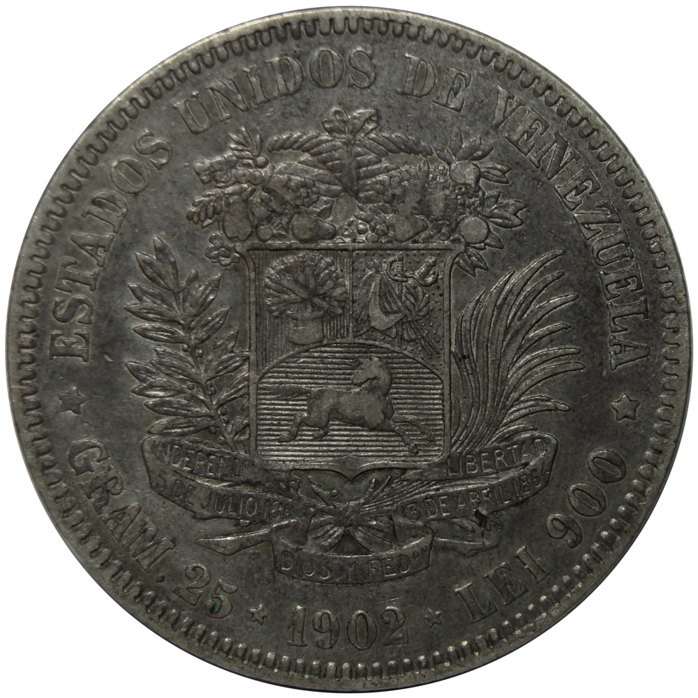 Moneda 5 Bolívares Fuerte 1902 Fecha Ancha - Numisfila
