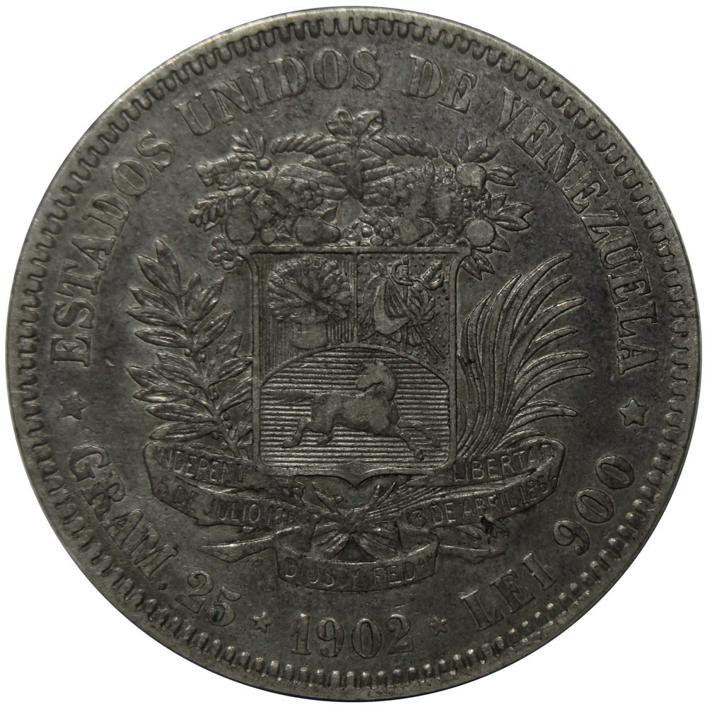 Moneda 5 Bolívares Fuerte 1902 Fecha Ancha  - Numisfila