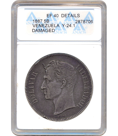 Moneda de Plata 5 Bolívares 1887 ANACS EF 40 DETAILS - Numisfila