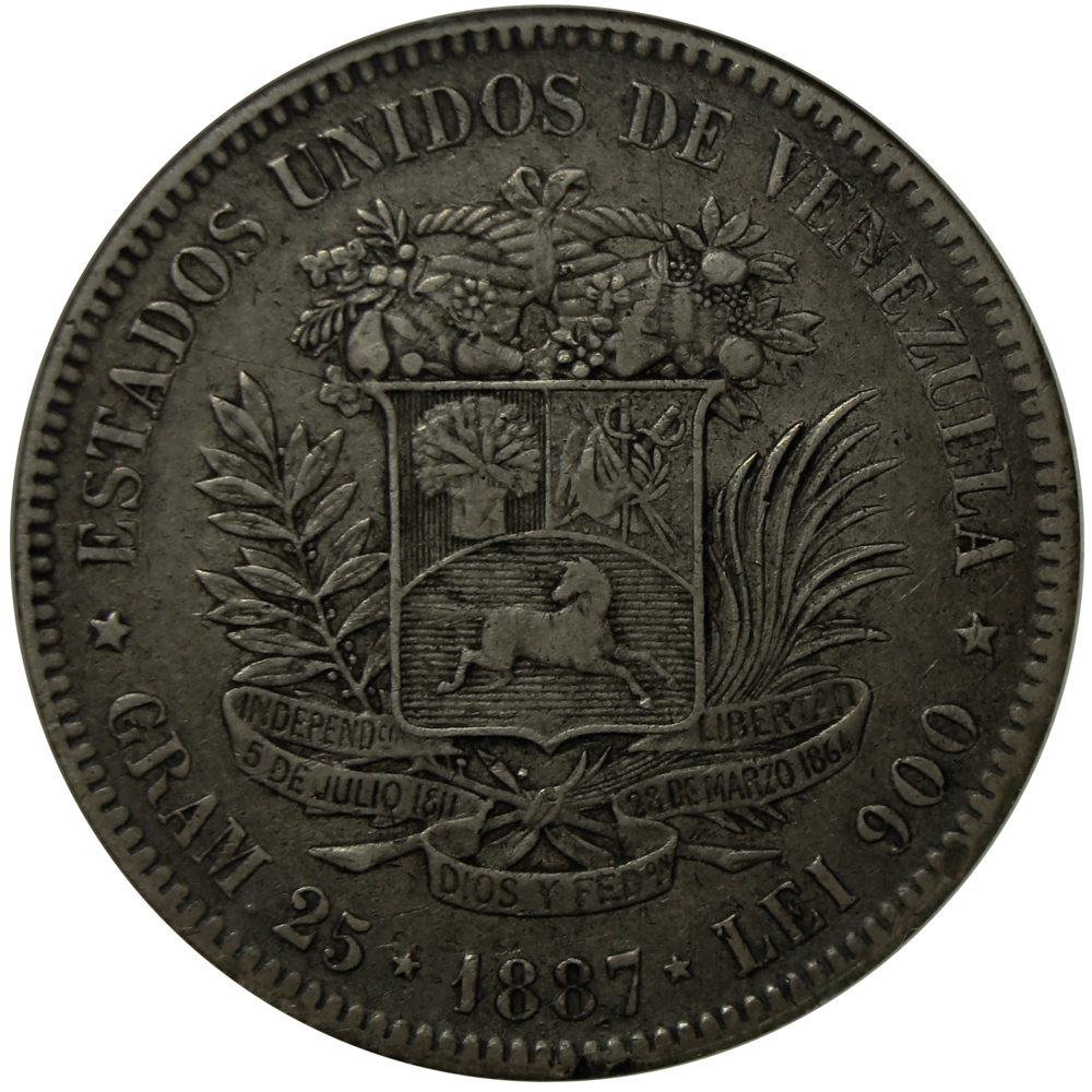 Moneda de Plata 5 Bolívares 1887 ANACS EF 40 DETAILS  - Numisfila