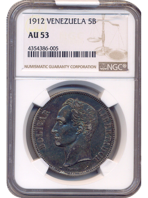 Moneda 5 Bolívares 1912 Fecha Normal Cápsula NGC AU 53 - Numisfila