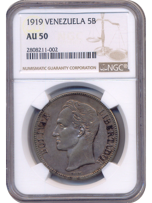 Moneda de Plata 5 Bolívares Fuerte 1919 NGC AU 50 - Numisfila